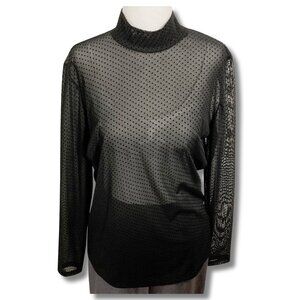 KAFFE Black semi-sheer polka dot mockneck top ~ Goth stretchy LARGE XL 1X shirt